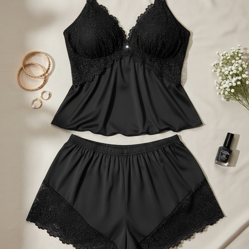 Kirexa - Ensemble de pyjama en dentelle femme top à bretelles et short fluide élégant