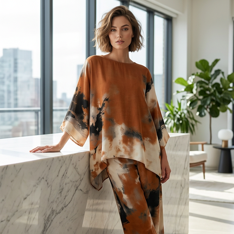 Falvynna - Ensemble femme deux pièces imprimé abstrait tunic oversize pantalon large