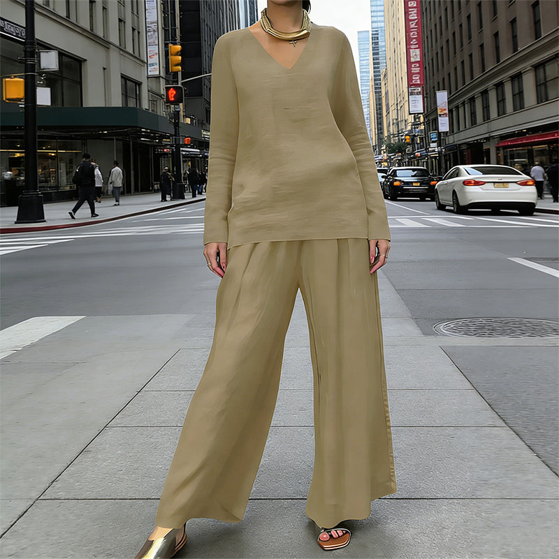 Sovalyne - Ensemble femme décontracté à col en V et pantalon large fluide