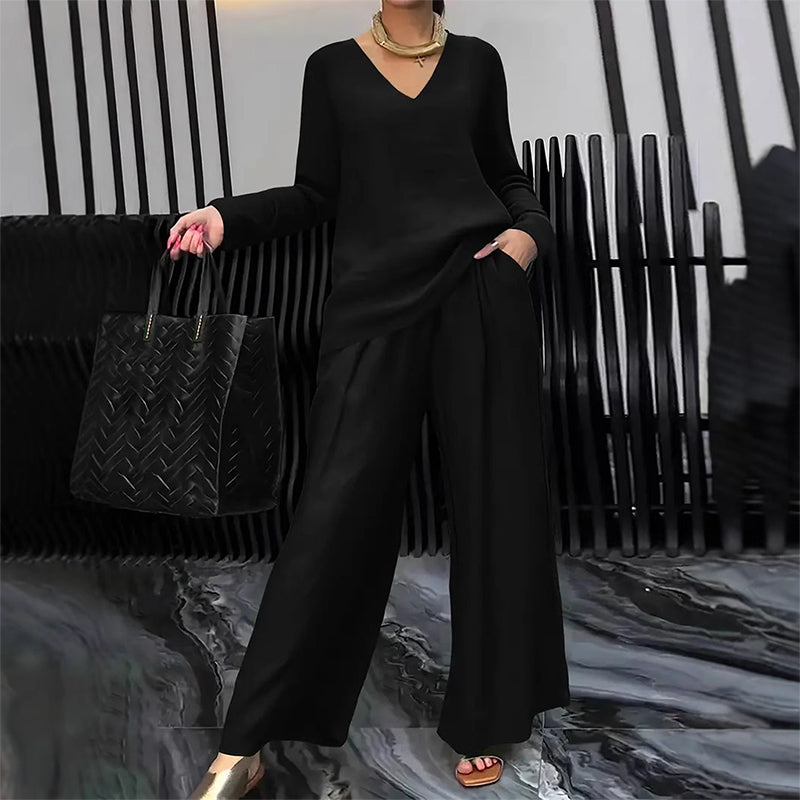 Sovalyne - Ensemble femme décontracté à col en V et pantalon large fluide