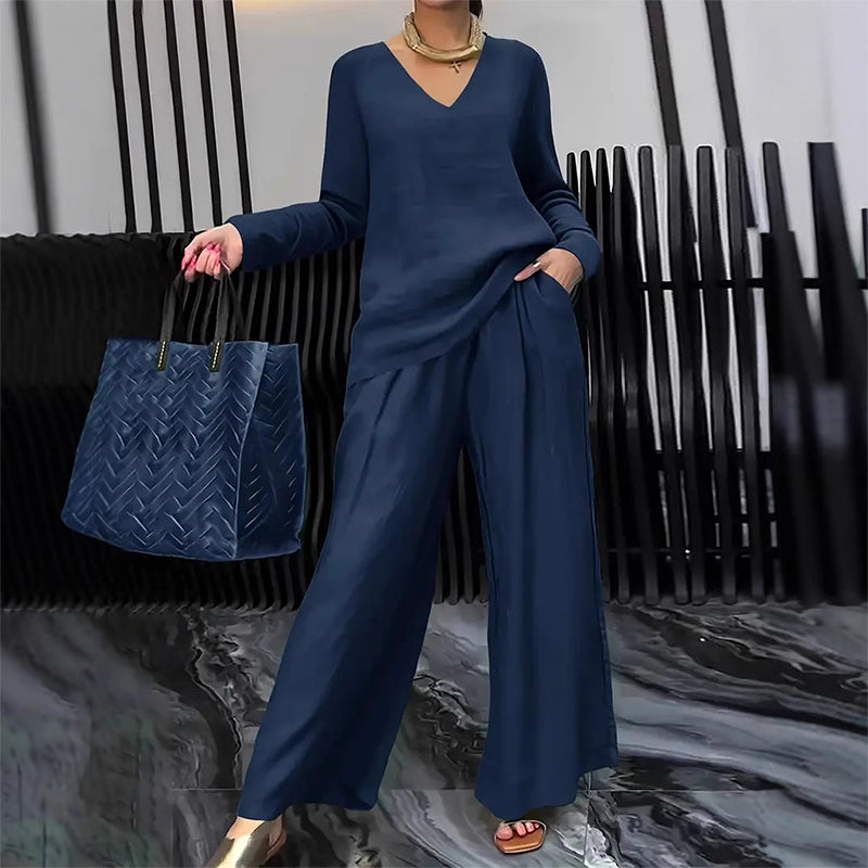 Sovalyne - Ensemble femme décontracté à col en V et pantalon large fluide