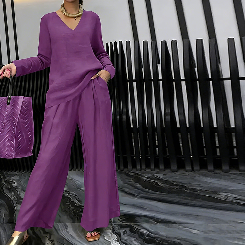 Sovalyne - Ensemble femme décontracté à col en V et pantalon large fluide