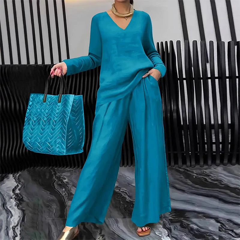 Sovalyne - Ensemble femme décontracté à col en V et pantalon large fluide