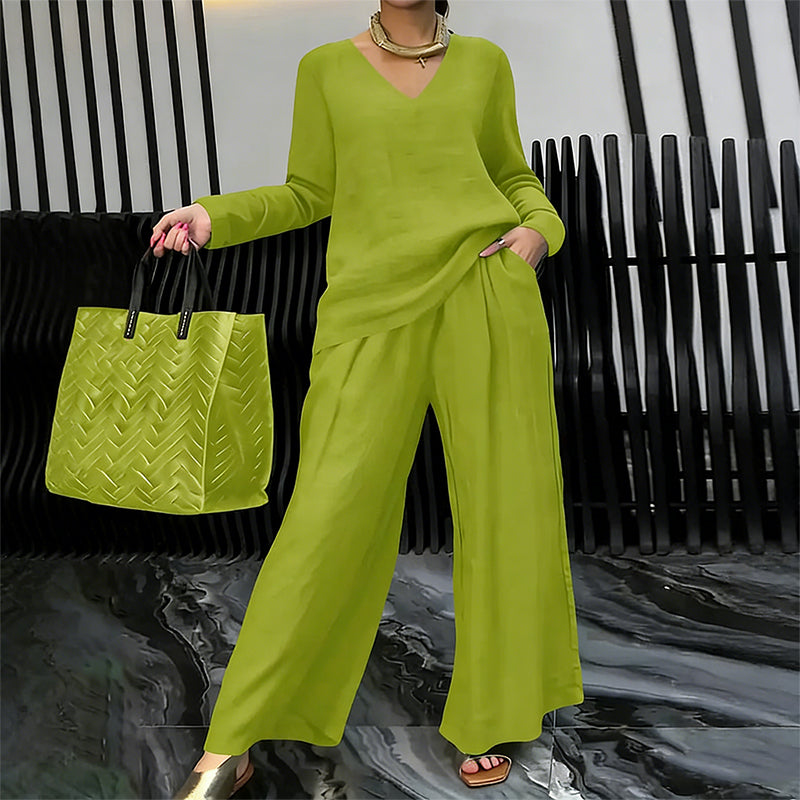 Sovalyne - Ensemble femme décontracté à col en V et pantalon large fluide