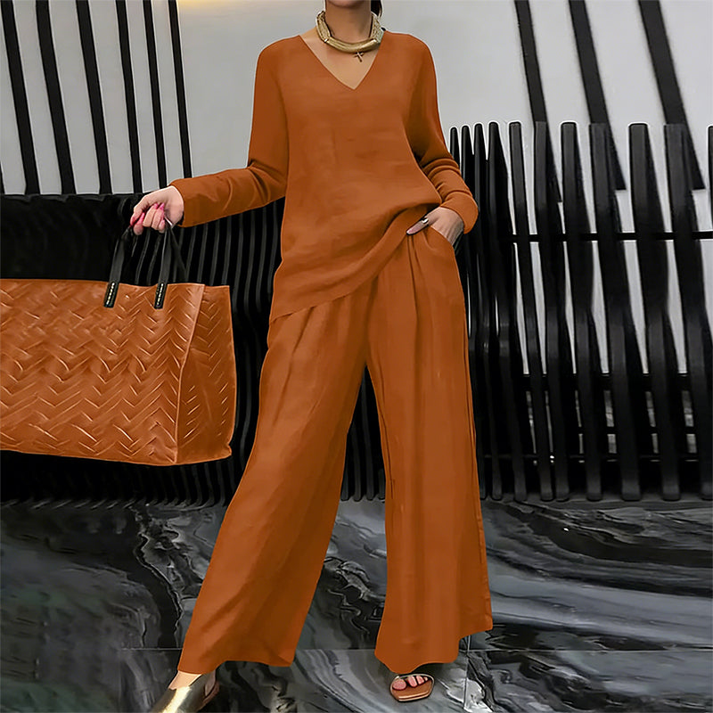 Sovalyne - Ensemble femme décontracté à col en V et pantalon large fluide