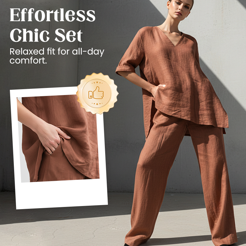 Jasoria - Ensemble femme en lin et coton avec haut col V et pantalon large