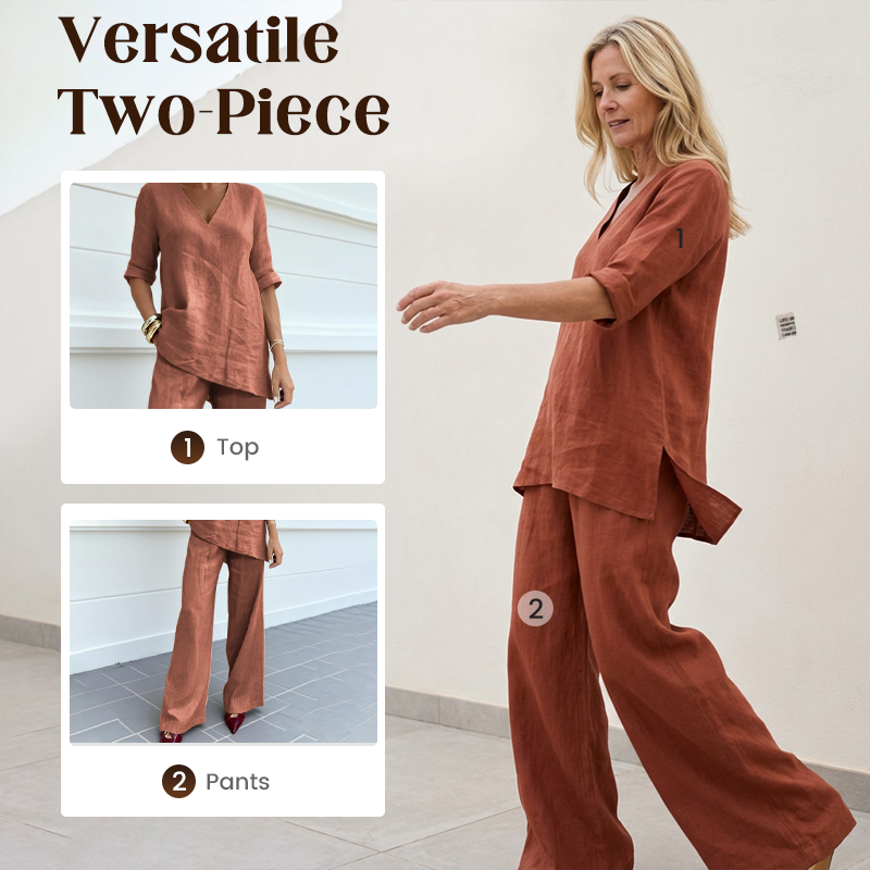 Jasoria - Ensemble femme en lin et coton avec haut col V et pantalon large