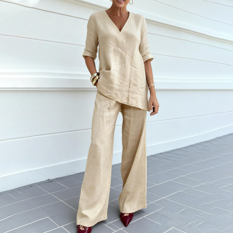 Jasoria - Ensemble femme en lin et coton avec haut col V et pantalon large