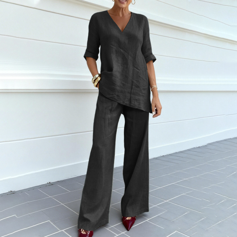 Jasoria - Ensemble femme en lin et coton avec haut col V et pantalon large