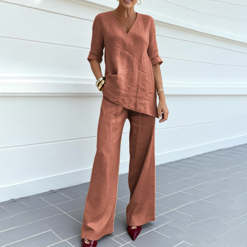Jasoria - Ensemble femme en lin et coton avec haut col V et pantalon large
