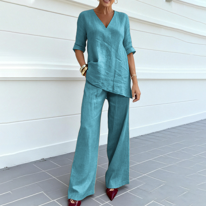 Jasoria - Ensemble femme en lin et coton avec haut col V et pantalon large