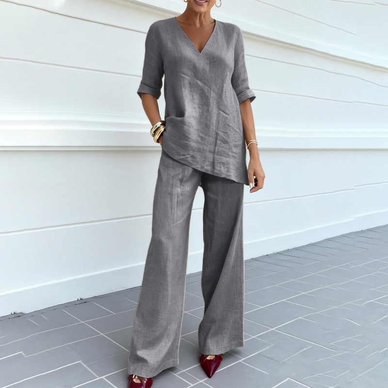 Jasoria - Ensemble femme en lin et coton avec haut col V et pantalon large