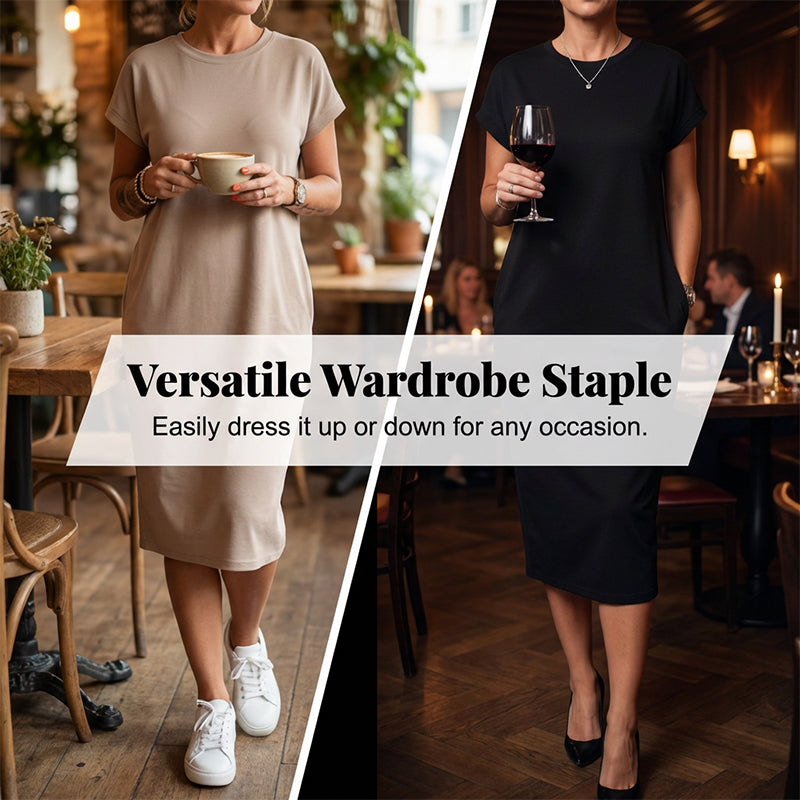 Tyverissa - Robe femme t-shirt midi décontractée avec poches latérales