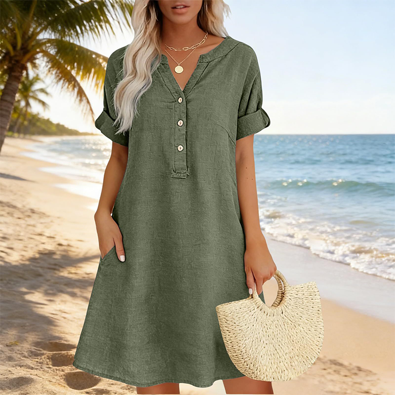 Fynessa - Robe tunique femme en coton avec décolleté en V et poches