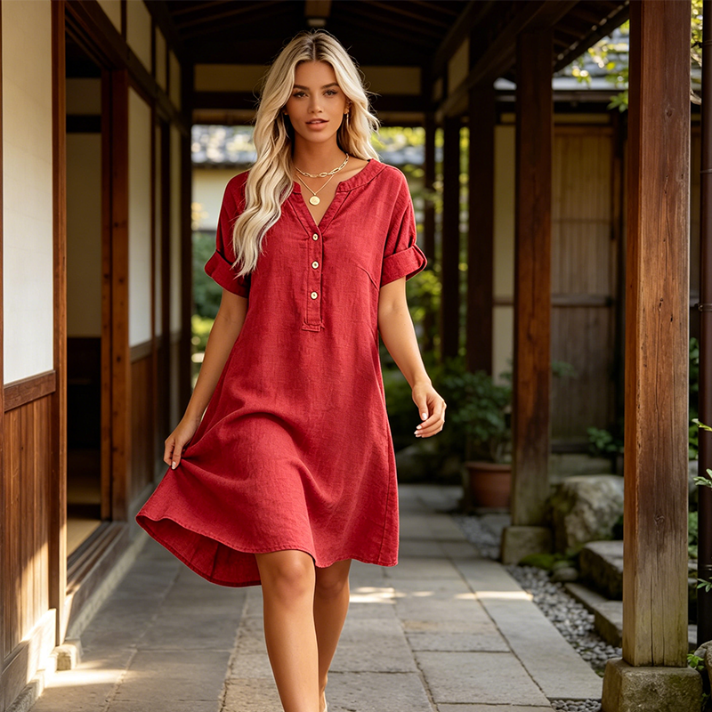 Fynessa - Robe tunique femme en coton avec décolleté en V et poches