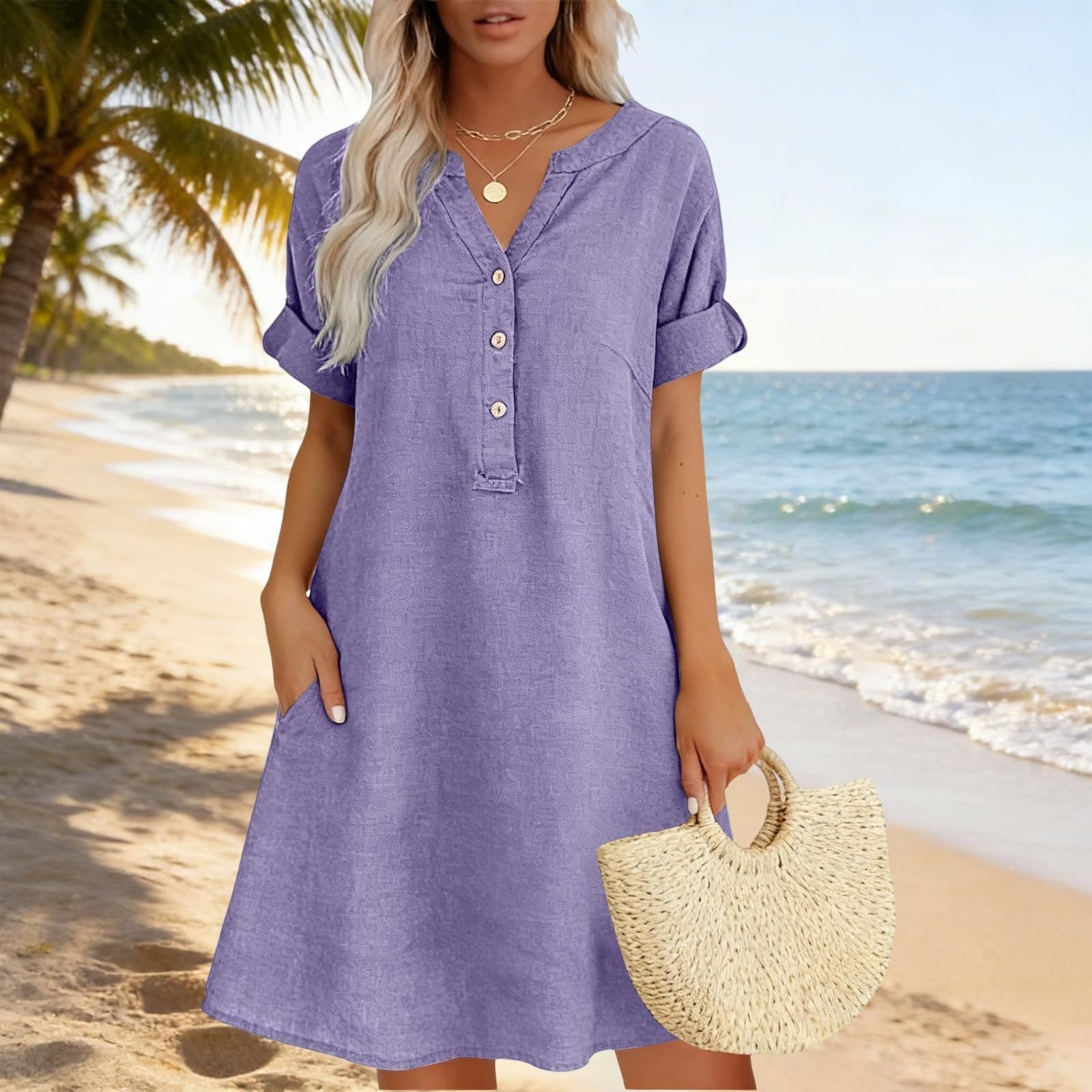 Fynessa - Robe tunique femme en coton avec décolleté en V et poches