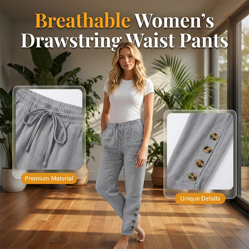 Korielle - Pantalon femme léger avec taille à cordon et boutons aux chevilles