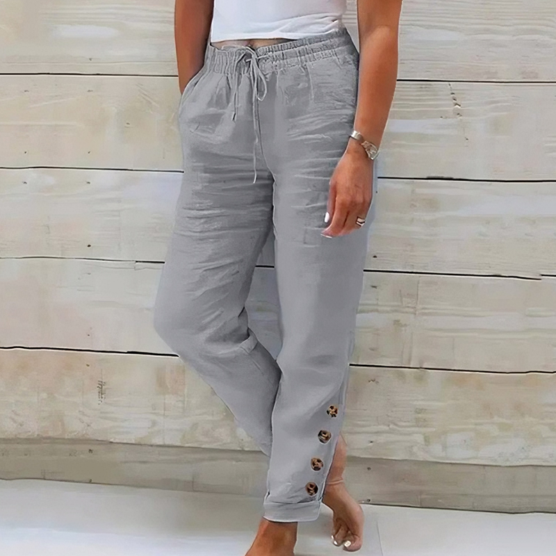 Korielle - Pantalon femme léger avec taille à cordon et boutons aux chevilles
