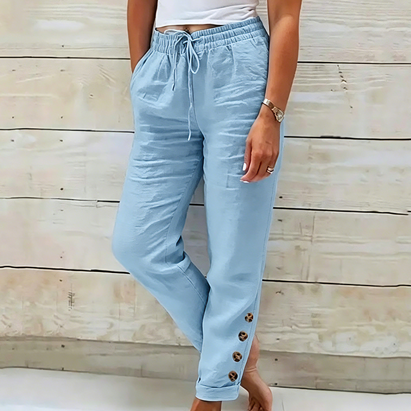 Korielle - Pantalon femme léger avec taille à cordon et boutons aux chevilles