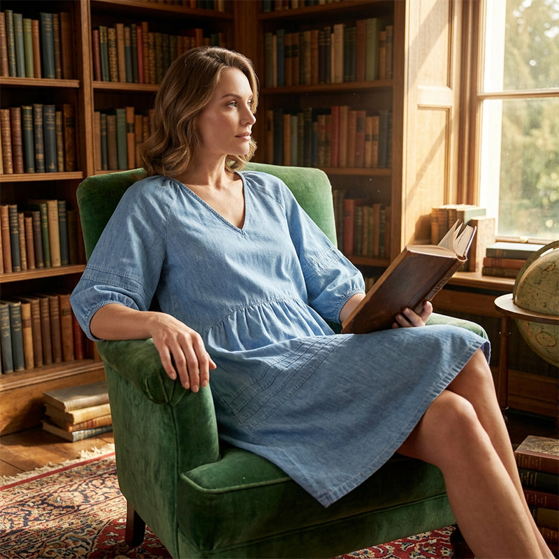 Olivessa - Robe femme en jean légère à col V coupe décontractée