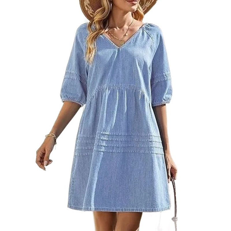 Olivessa - Robe femme en jean légère à col V coupe décontractée