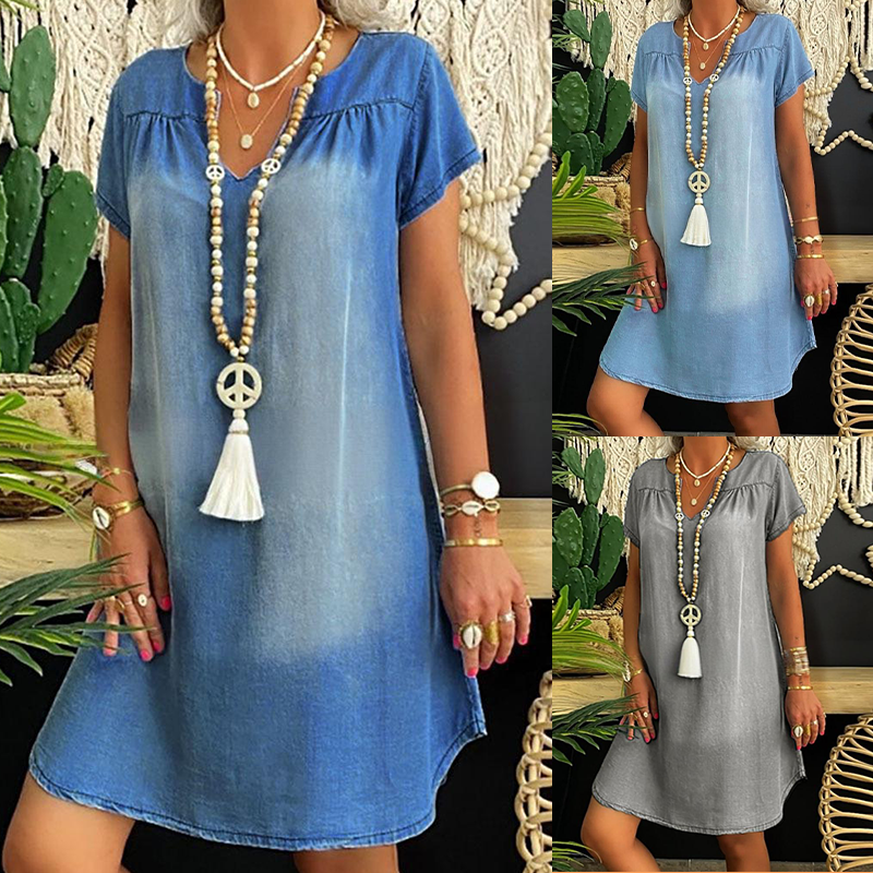 Loryssa - Robe denim femme à col V et manches courtes