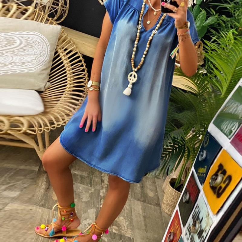 Loryssa - Robe denim femme à col V et manches courtes