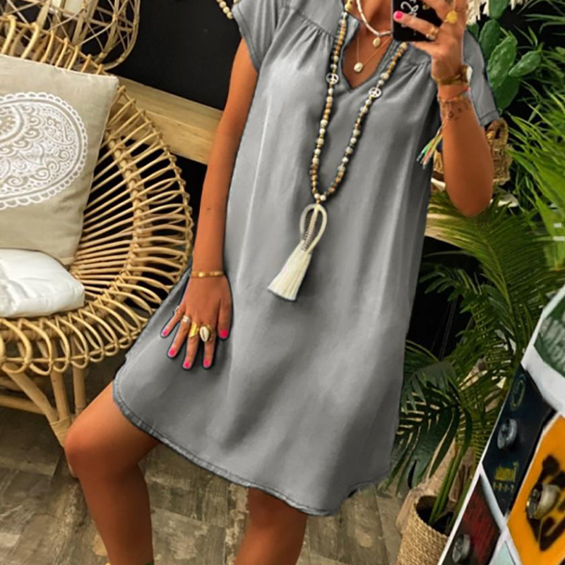 Loryssa - Robe denim femme à col V et manches courtes
