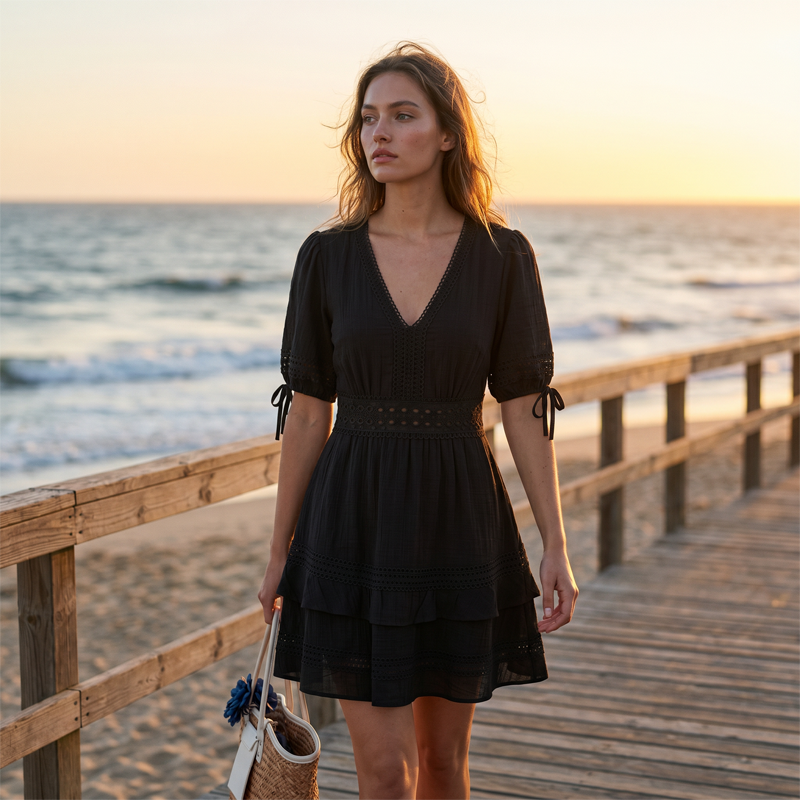 Béline - Robe femme col V en dentelle avec volants