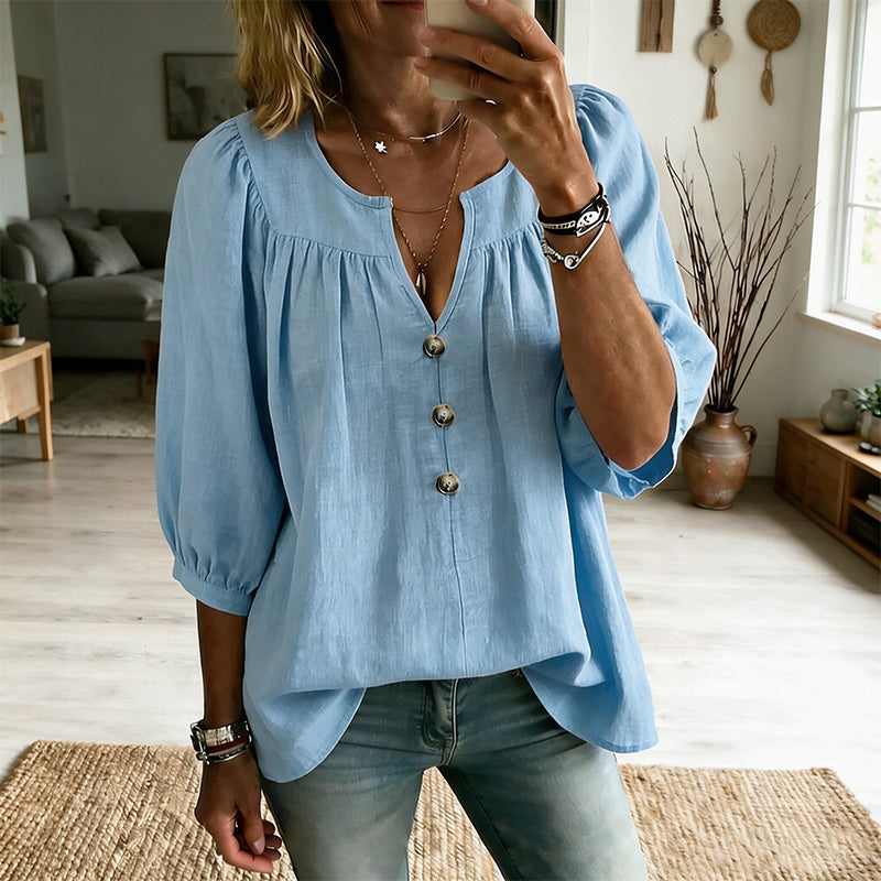 Loriane - Blouse femme col V avec manches 3/4 boutonnées