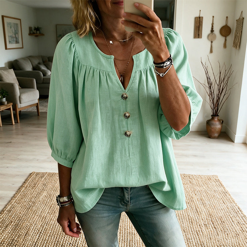 Loriane - Blouse femme col V avec manches 3/4 boutonnées