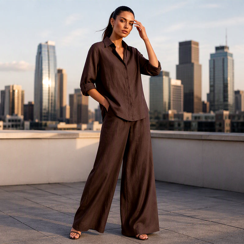 Mirthe - Ensemble femme chemise boutonnée avec pantalon large fluide