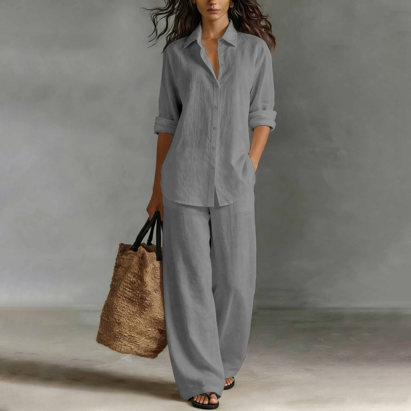 Mirthe - Ensemble femme chemise boutonnée avec pantalon large fluide