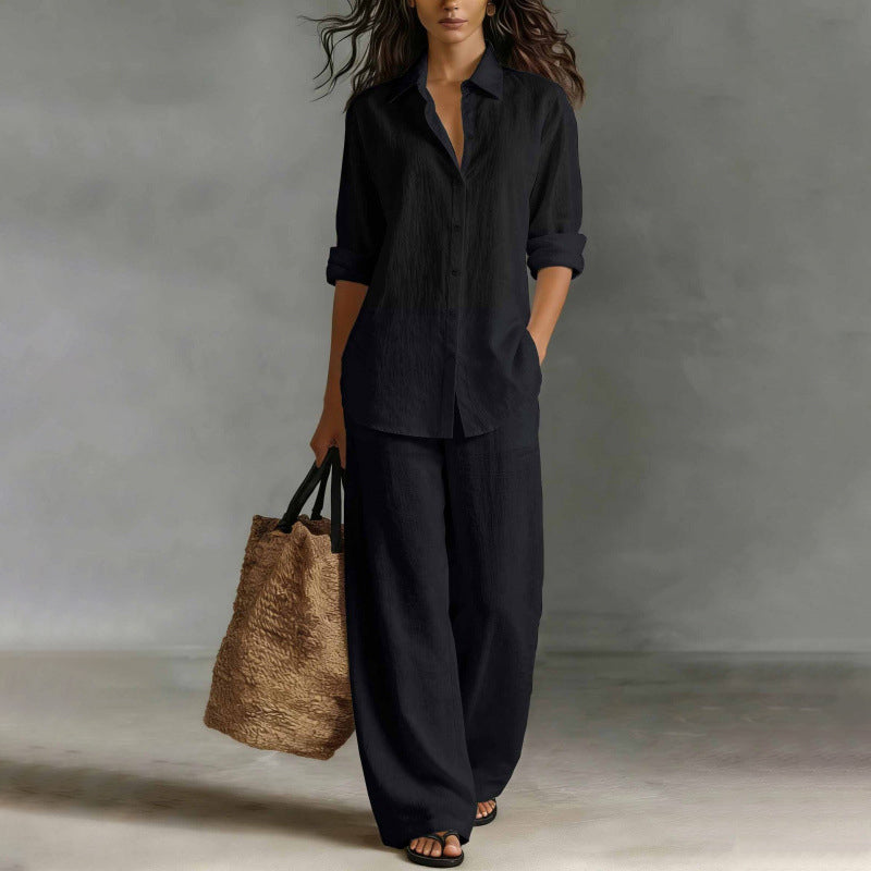 Mirthe - Ensemble femme chemise boutonnée avec pantalon large fluide