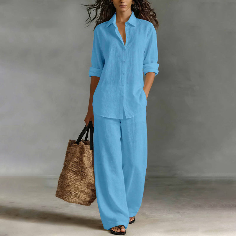 Mirthe - Ensemble femme chemise boutonnée avec pantalon large fluide