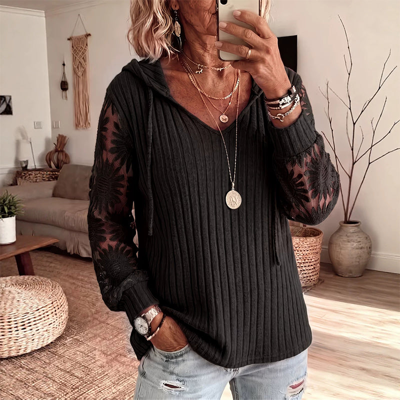 Garance - Top femme à capuche avec manches en dentelle