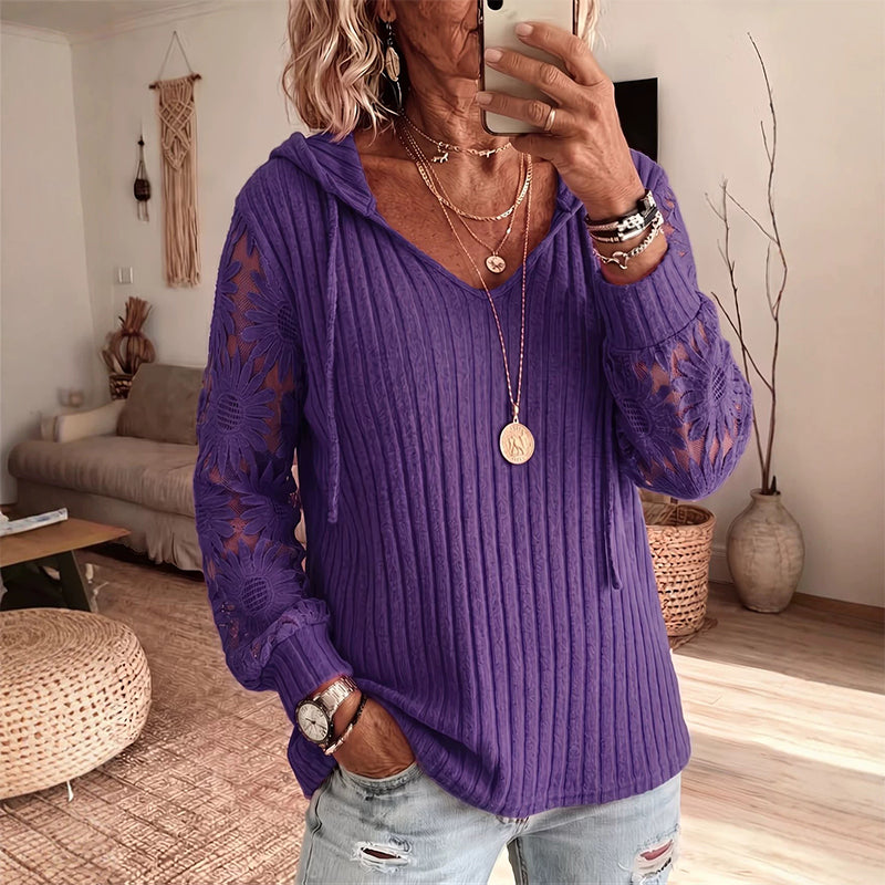 Garance - Top femme à capuche avec manches en dentelle