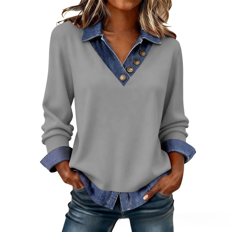 Philine - Chemise femme effet superposé avec col en denim