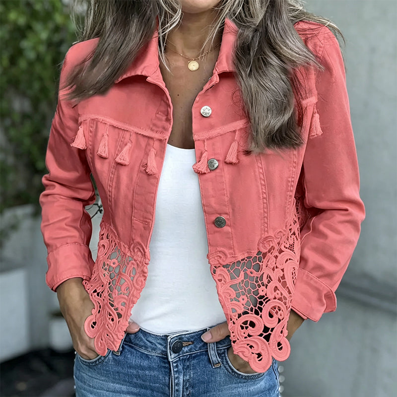 Senna - Veste femme en jean avec détails en dentelle