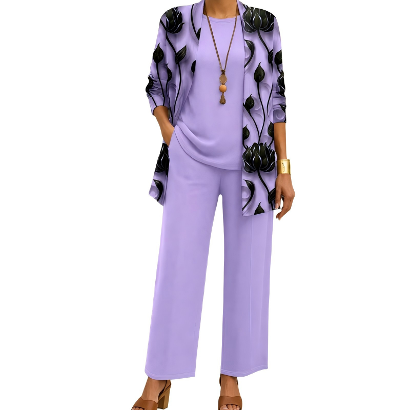 Safiya - Ensemble femme trois pièces imprimé avec cardigan long élégant