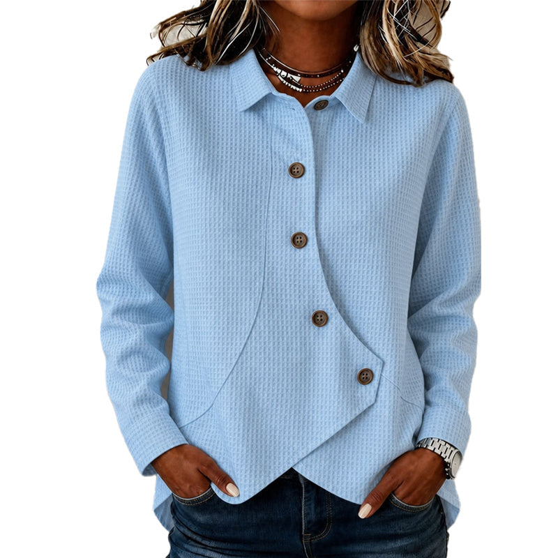 Tiphaine - Haut femme en tricot boutonné avec ourlet asymétrique