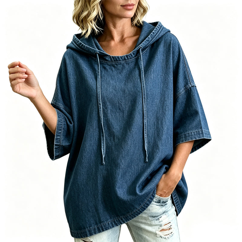 Adélaïde - T-shirt femme à capuche effet denim décontracté