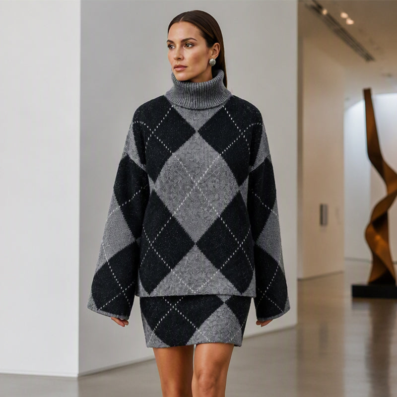 Césarine - Ensemble femme en maille argyle avec jupe
