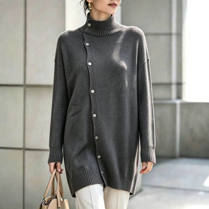 Clarinde - Women's Knitted Turtleneck Sweater with Asymmetrical Buttons