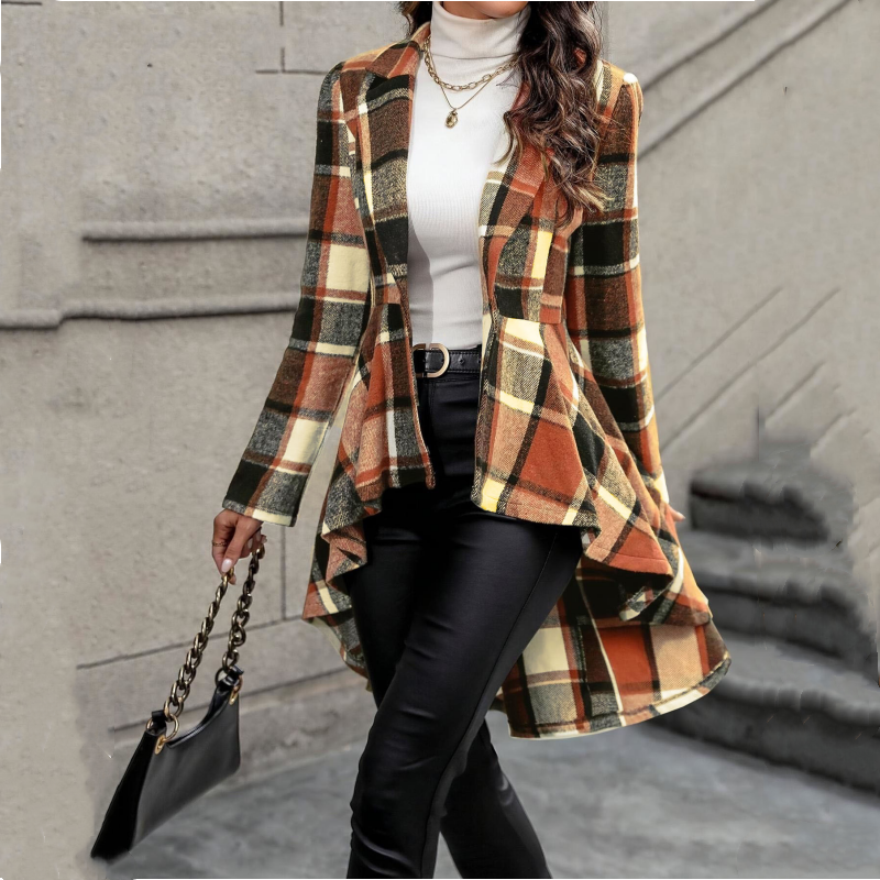 Cassandre - Veste femme peplum à carreaux asymétrique