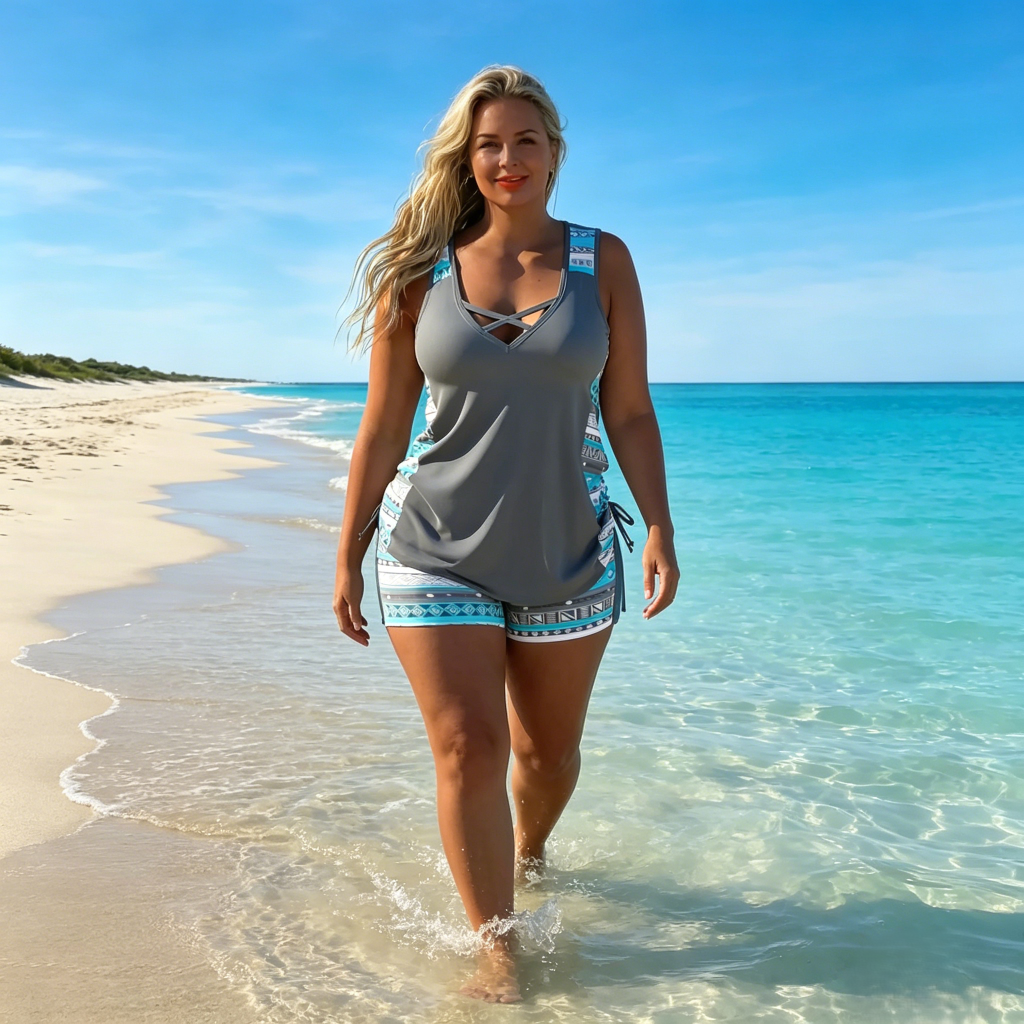 Tovienne - Tankini femme deux pièces col V shorts imprimé géométrique