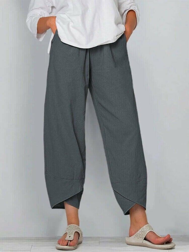 Belythia - Pantalon femme vintage asymétrique taille haute fluide avec poches