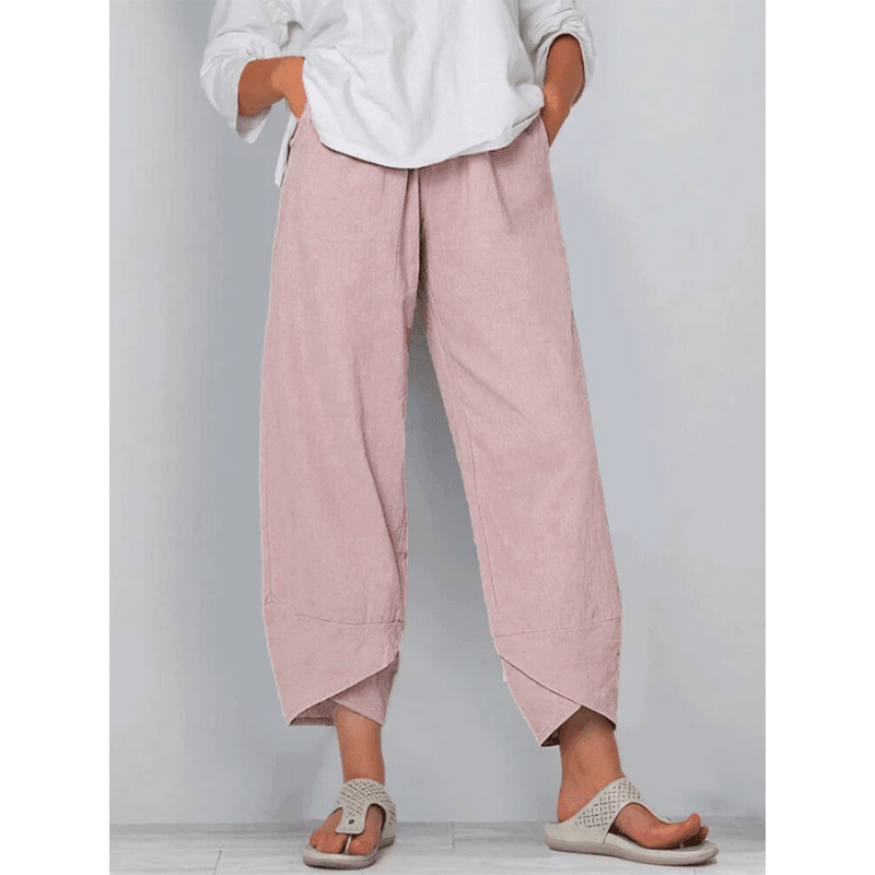 Belythia - Pantalon femme vintage asymétrique taille haute fluide avec poches