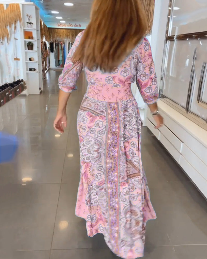 Helia - Robe de Vacances avec Col en V et Manches 3/4