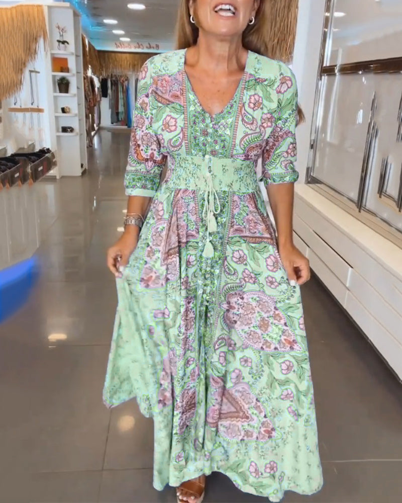 Helia - Robe de Vacances avec Col en V et Manches 3/4